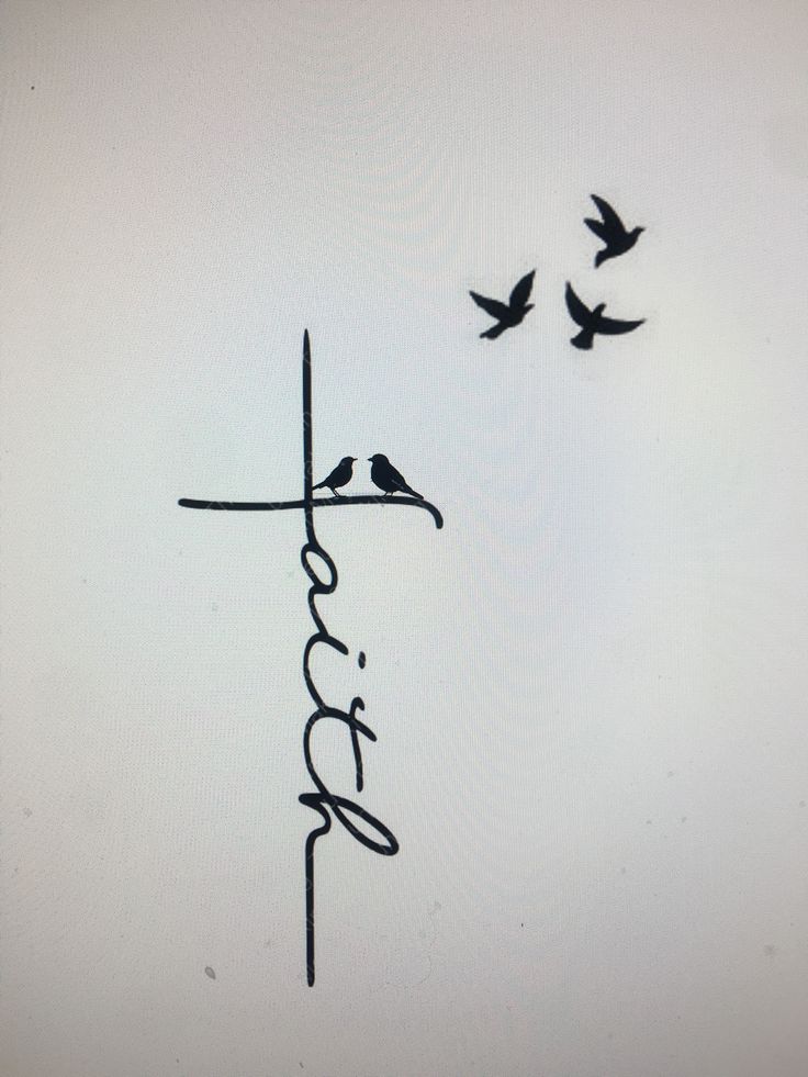 two birds are flying in the sky and one is on top of a pole that says faith