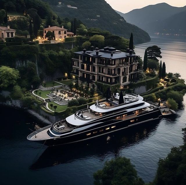 an aerial view of a large boat in the water next to a house and mountains