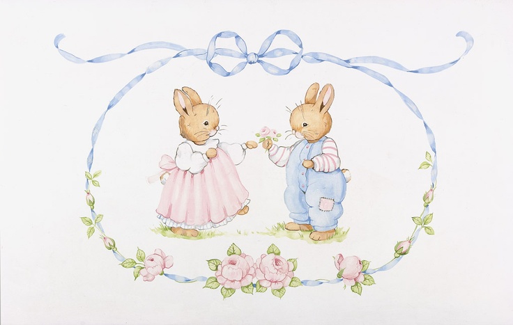 two rabbits are standing next to each other in front of a blue ribbon and pink roses