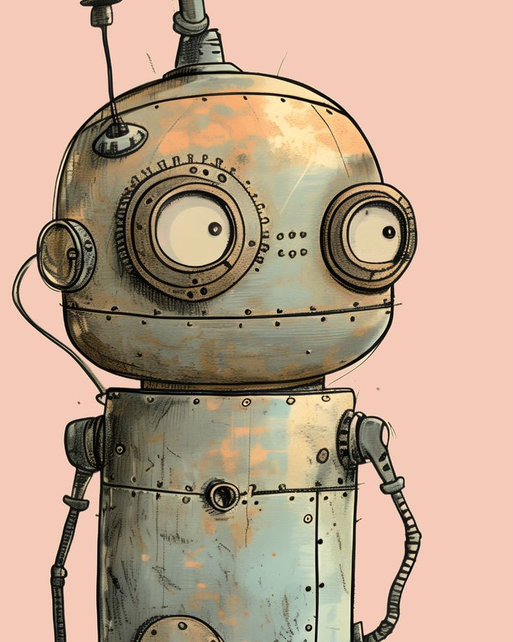 an old metal robot is standing in front of a pink background and has two eyes on it's head