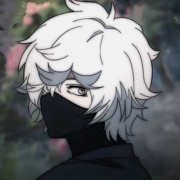 an anime character with white hair wearing a black mask and looking into the distance,