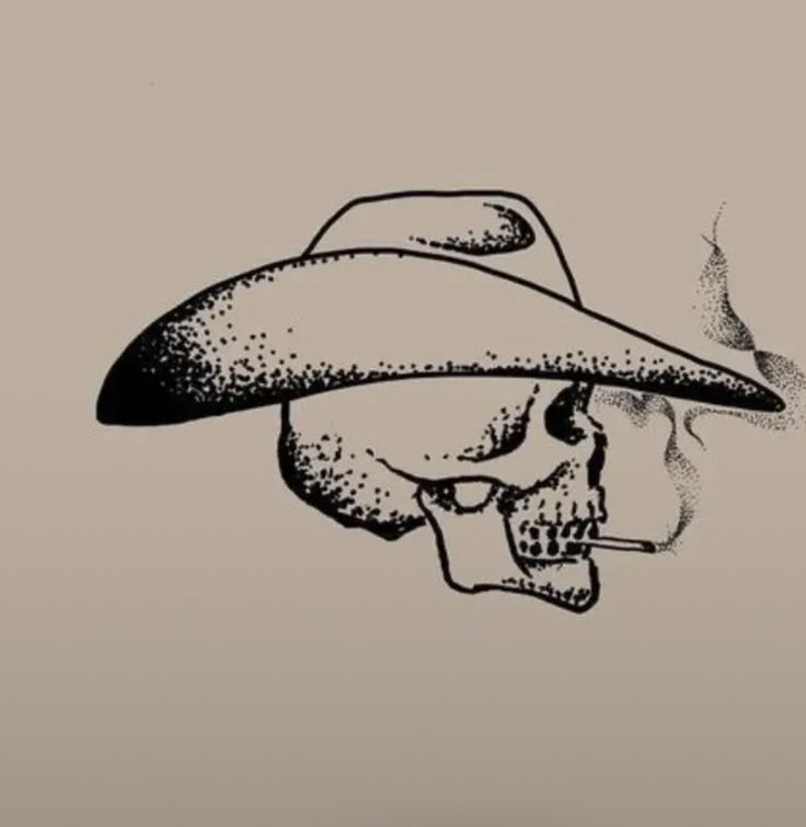 Skull Ciggerate Tattoo, Country Finger Tattoos, Small Western Tattoos For Men, Chevy Tattoo Ideas, Simple Cowboy Hat Tattoo, Small Traditional Tattoo Men, Cowboy Flash Tattoo, Slingshot Tattoo, Hell Tattoo Ideas