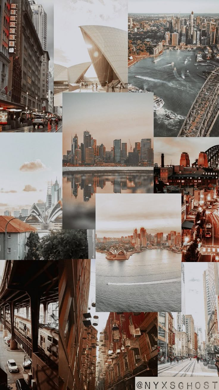 a collage of photos with buildings and water in the foreground, cityscape on the background