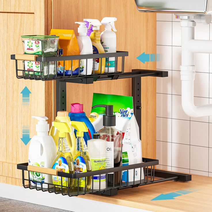 two shelves filled with cleaning products in a kitchen