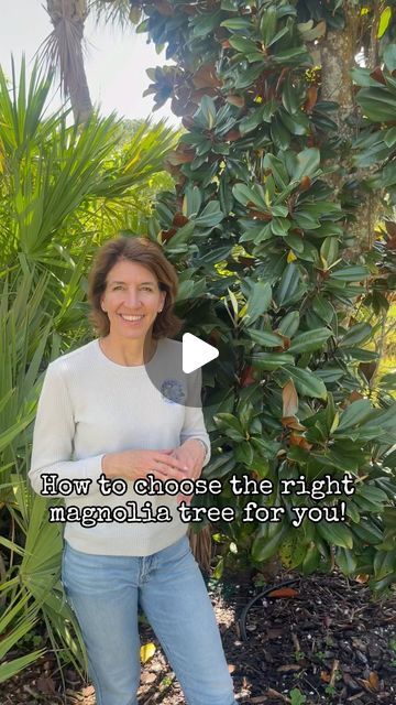 a woman standing in front of some trees and plants with the words how to choose the right margaritalia tree for you