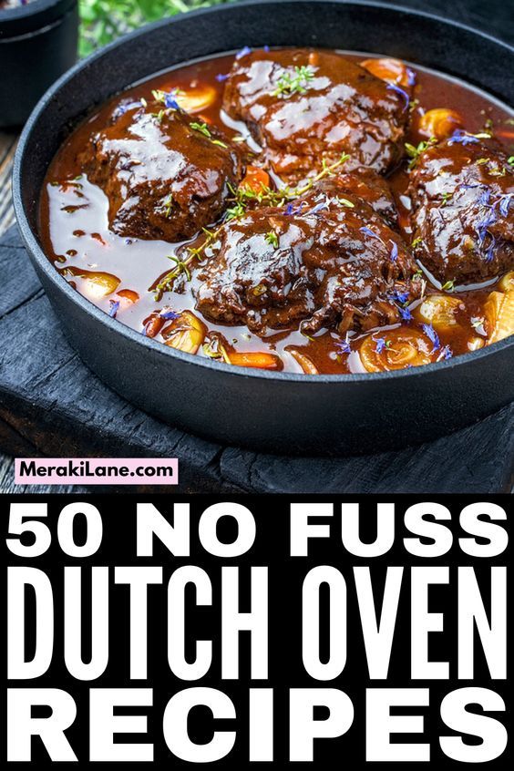 the cover of this cookbook is full of delicious meats and vegetables, with text overlay that reads 50 no fuss dutch oven recipes