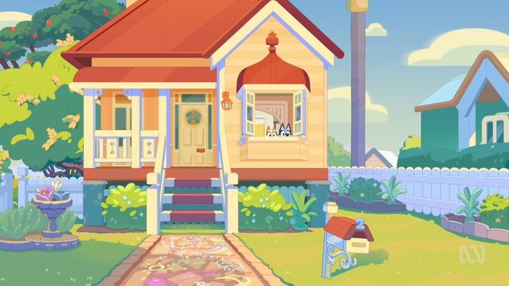 a cartoon house in the middle of a yard with flowers and plants on it's lawn