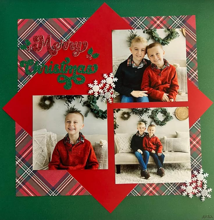 two children sitting on a couch in front of a christmas card