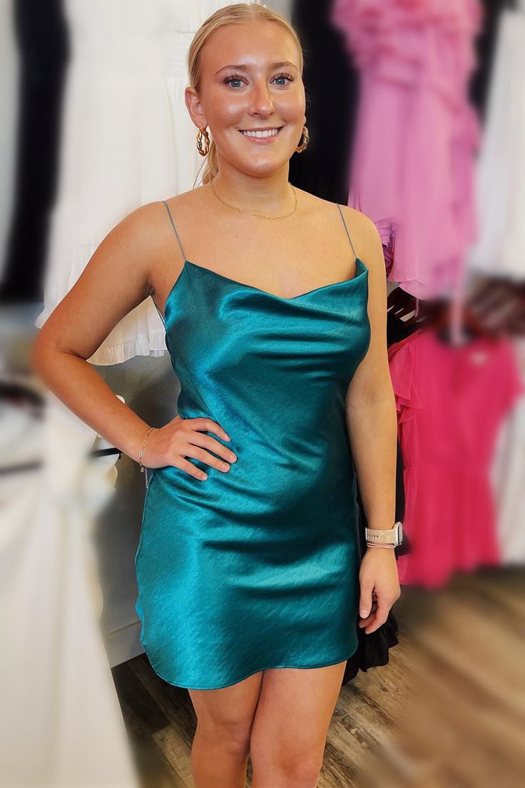 Fancyvestido this short teal homecoming dress features a cowl neck and spaghetti straps. ♡ SKU: FV12031♡ Fabric: Satin♡ Size: US 2-16. True to the size chart. Check our Size Chart to get your correct size.♡ Besides stand sizes 2-16, we still offer free custom sizes. You can email me your specific size, before or after your order.Which requires the following measurements:Bust:___ inch/cmWaist:___ inch/cmHips:___ inch/cmHollow to Hem___inch/cm (for the short dress) ;Hollow to Floor___inch/cm (for Teal Hoco Dresses, Teal Homecoming Dresses, Best Homecoming Dresses, Detachable Wedding Dress, Satin Homecoming Dress, Blue Homecoming Dresses, Prom Long, Long Sleeve Prom, Burgundy Prom Dress