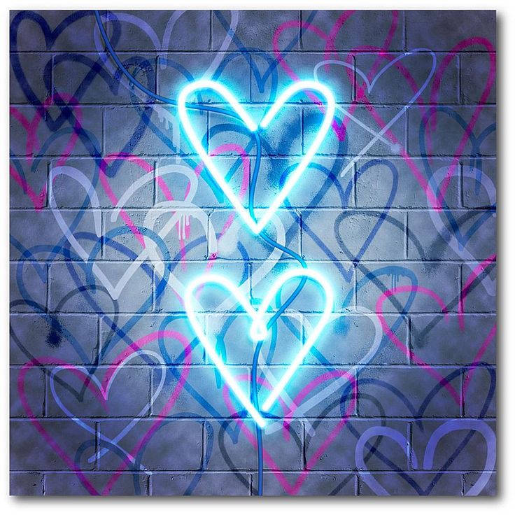 two heart shaped neon signs on a brick wall with graffiti in the background and blue, pink, and purple colors