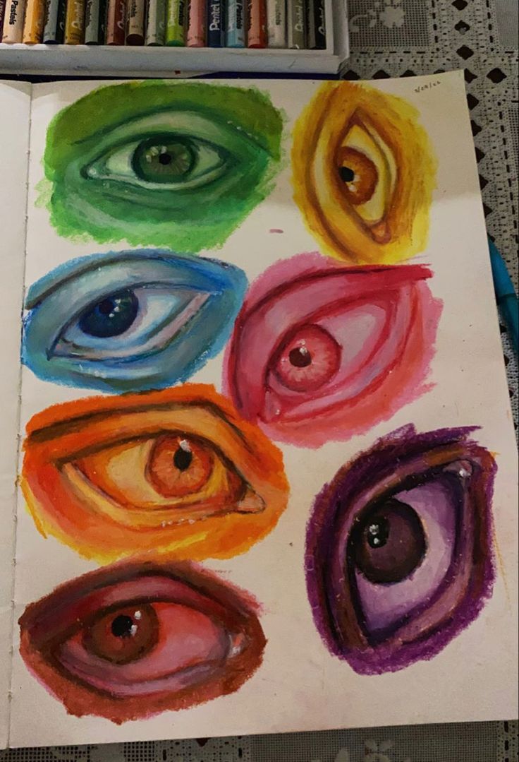 an art project with colored pencils and watercolors on paper, depicting different colors of eyes