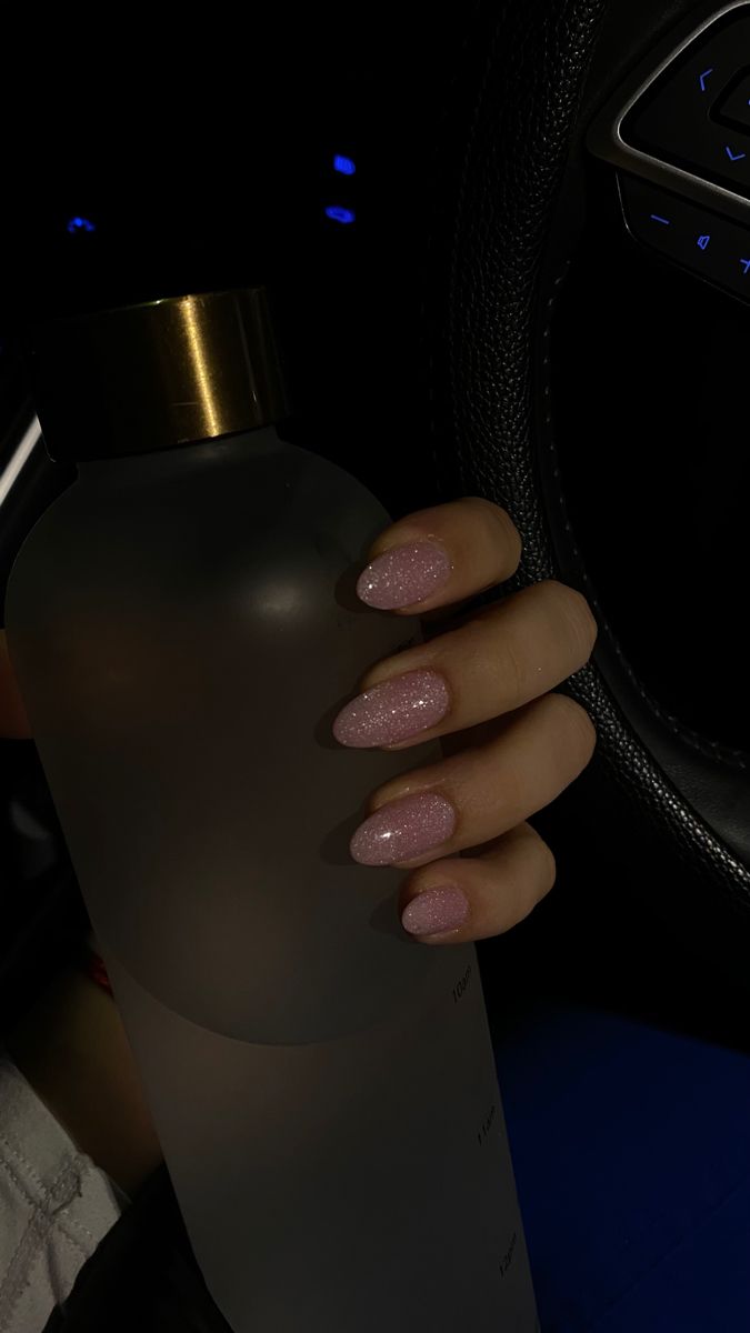 Pink glittery nails, nails, nail idea, pink, glitter, almond shape nails, nail inspo Pink Sparkle Nails Acrylic, Sparkly Pink French Tips, Glittery Almond Nails, Baby Pink Nails With Glitter, Glittery Nail Ideas, Glittery Pink Nails, Pink Glittery Nails, Sparkly Pink Nails, Glitter Almond Nails