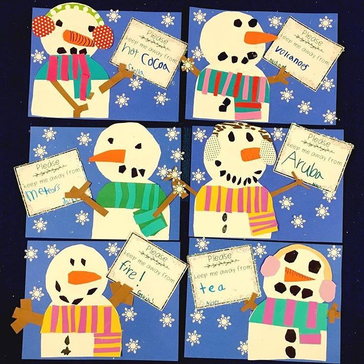 four snowmen are shown with their name tags on the front and back of them