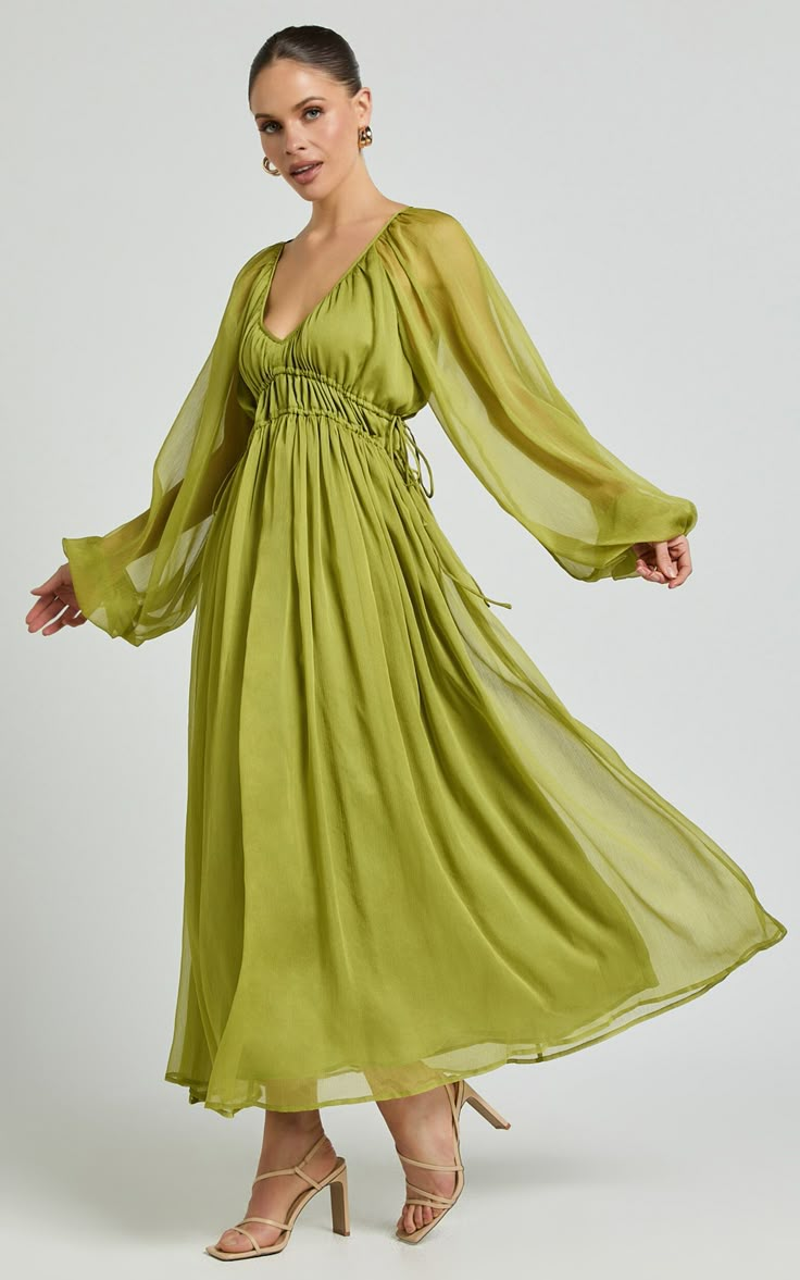 Roxanna Maxi Dress - Long Sleeve Ruched Waist Dress in Green Long Sleeve Bridesmaid Dresses, Plus Size Wedding Guest Dress, Autumn Color Palette Fashion, Heels Ideas, Green Chiffon Dress, Dress Georgette, Bishop Sleeve Dress, Ruched Waist Dress, Empire Waist Maxi Dress