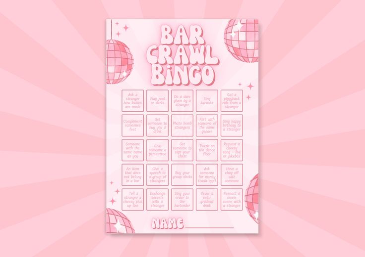 a pink poster with the words bar crawl bingo on it and disco balls around it