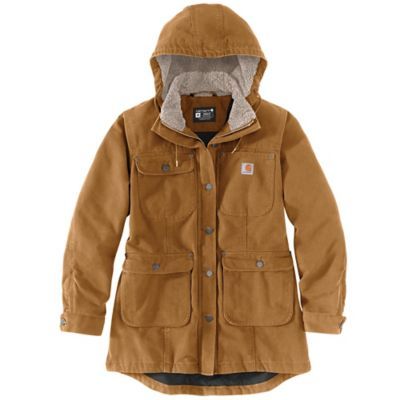 A Carhartt classic. This women's weathered duck coat adds arctic weight insulation for maximum warmth. A quilted nylon lining makes for easy on and off over layers. Wear it with or without the hood. A loose fit offers our roomiest cut with plenty of room to move. 12-ounce, 100% cotton washed duck Sherpa-lined collar; Quilted nylon lining for easy on and off; Arctic-weight polyester insulation for ultimate warmth Carhartt strong triple-stitched main seams Detachable, adjustable hood with a hidden Carhartt Coat, Carhartt Vest, Duck Jacket, Cooler Style, Heavy Sweaters, Carhartt Womens, Carhartt Women, Carhartt Jacket, Plus Size Outerwear