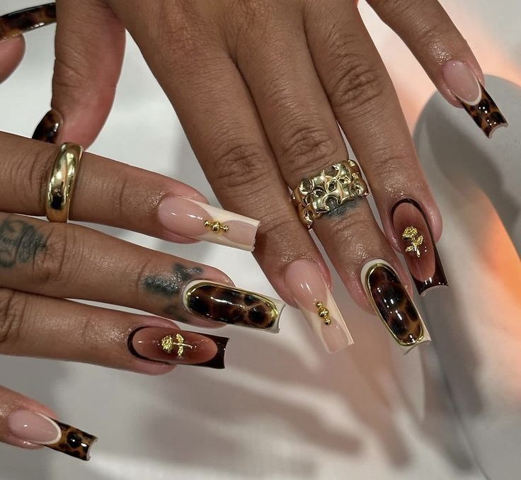 Nails Inspo 2024 Fall, Nails With Pictures On Them, Fall Nail Square, Abstract Nail Designs Square, Black And Gold Freestyle Nails, Nails Square Long Blue, Brown Bday Nails, Maximalist Nails Fall, Graduation Nails Black Women