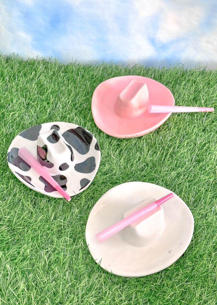 three plates and two straw hats on the grass with pink sticks sticking out of them