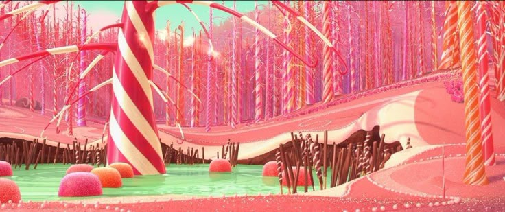 an animated scene with people in the water and candy canes hanging from poles above them