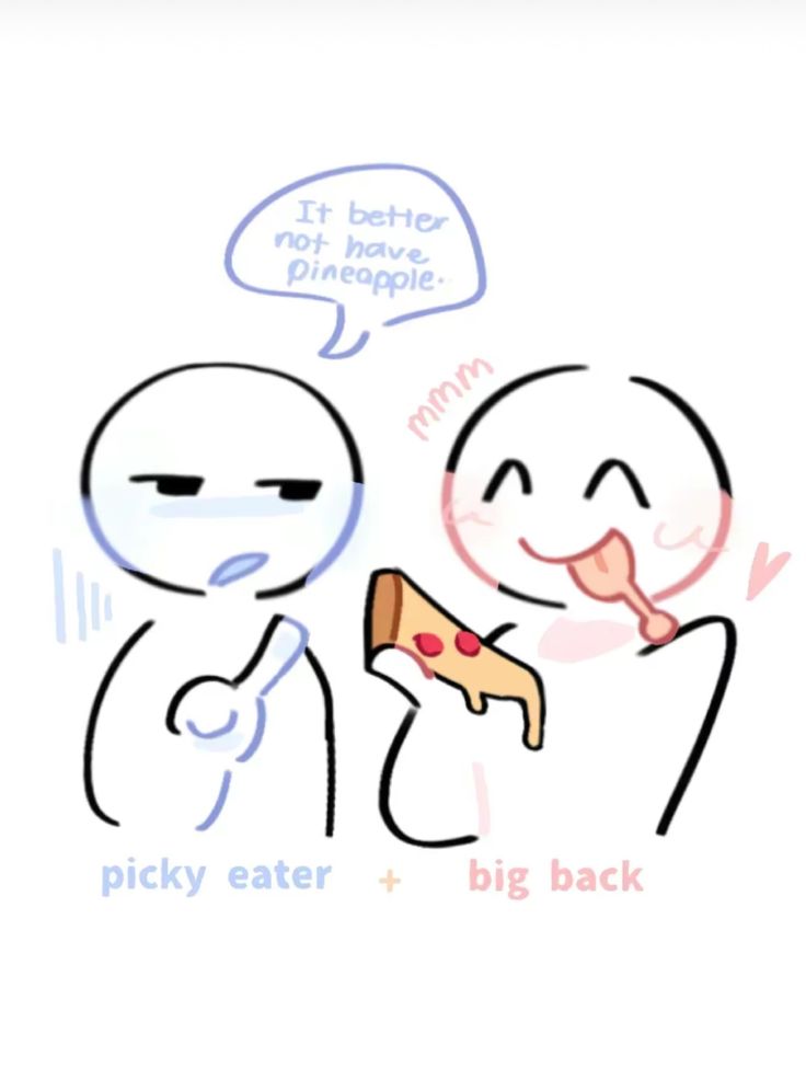 an image of two people eating pizza and one is saying it better not have pineapple