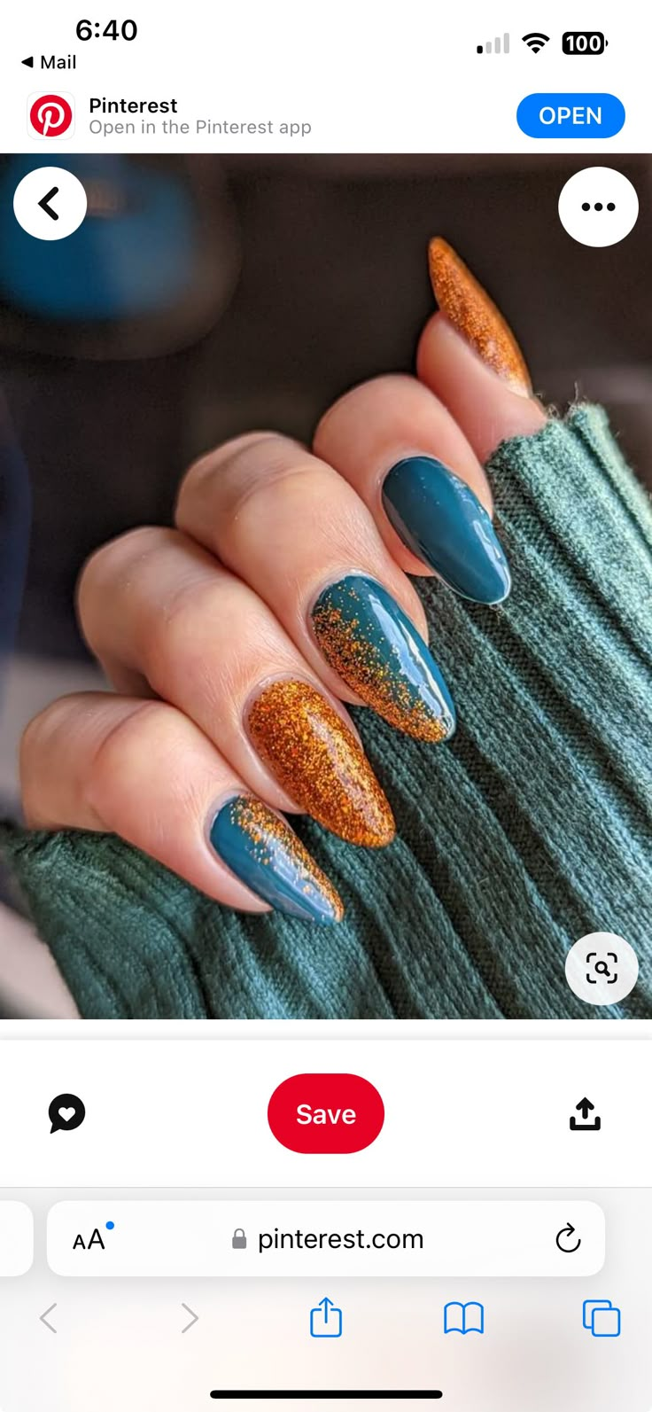 Nail Designs Blue And Gold, Turquoise Fall Nails, Teal And Rust Nails, Teal And Burnt Orange Nails, Blue Fall Nail Ideas, Teal Fall Nail Designs, Navy And Copper Nails, Autumn Nails Blue, Blue And Copper Nails