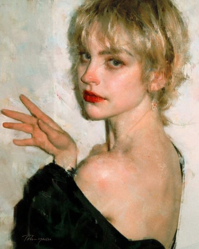 a painting of a woman with short hair and red lipstick holding her hand out to the side