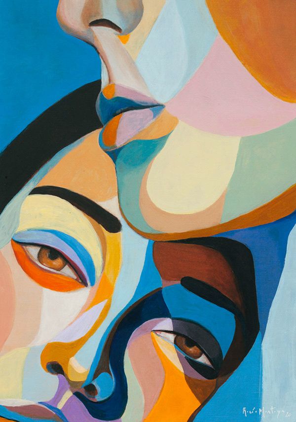 an abstract painting of two people's faces