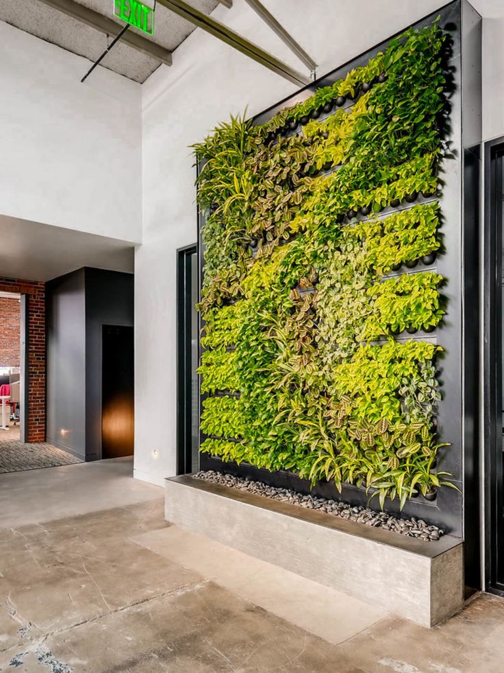 an office with a large green wall in the center