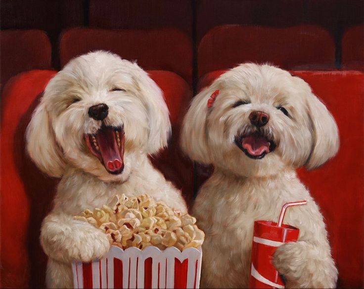 two white dogs sitting next to each other in front of a red chair with popcorn