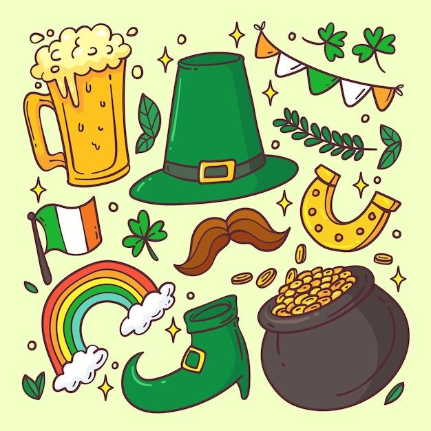 st patrick's day clipart set with shamrocks, hats, and other items