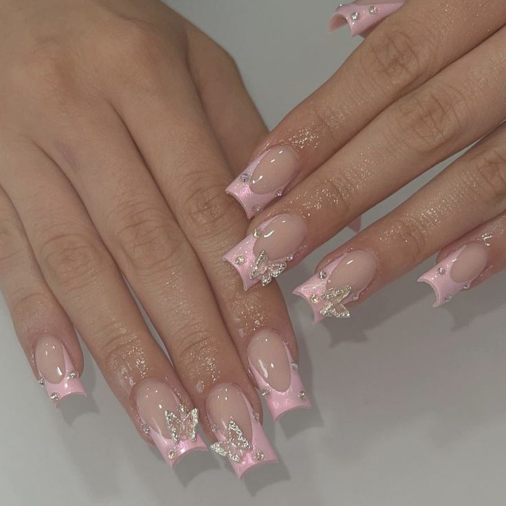 ig: glammed.by.daisy Nail Inspo With Butterflies, Charms Nails Acrylic, Short Square Acrylic Nails With Charms, Short Square Nails With Charms, Pink Acrylic Nails With Charms, Butterfly Gem Nails, Nails With Butterfly Charms, Charm Acrylic Nails, Short Butterfly Nails