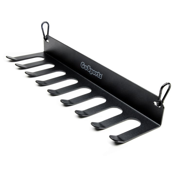 a black rack with six knives hanging from it's side on a white background