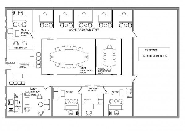 an office floor plan with several tables and chairs