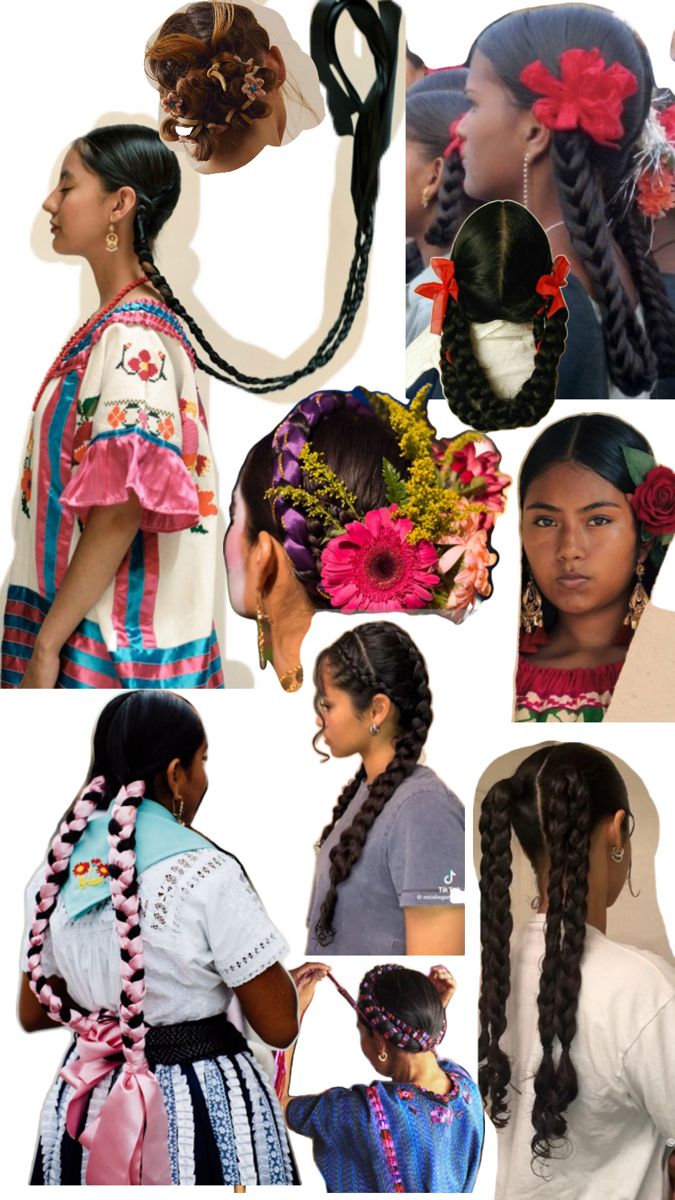 several pictures of different types of braids and hairstyles with flowers in them