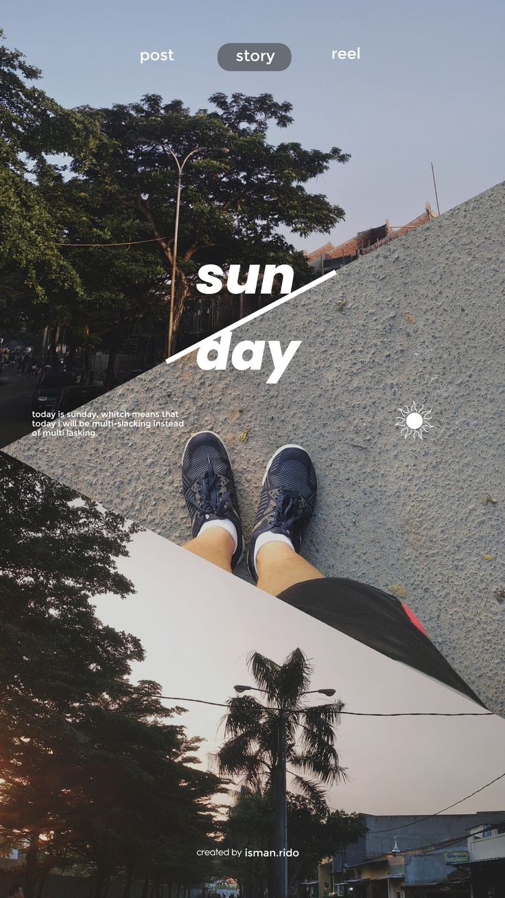 a person standing on top of a surfboard under a sun day sign with trees in the background