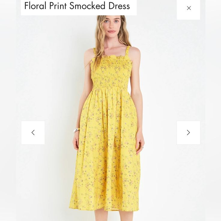 Bnwt Yellow Midi Smocked Floral Dress Spring Yellow Midi Dress With Smocked Back, Vacation Yellow Smocked Dress With Ruched Details, Yellow Smocked Sundress For Brunch, Spring Smocked Dress For Daywear, Spring Sundress With Smocked Bodice For Daywear, Casual Yellow Midi Dress With Smocked Back, Yellow Smocked Dress For Spring, Yellow Smocked Sundress, Spring Flowy Smocked Sundress