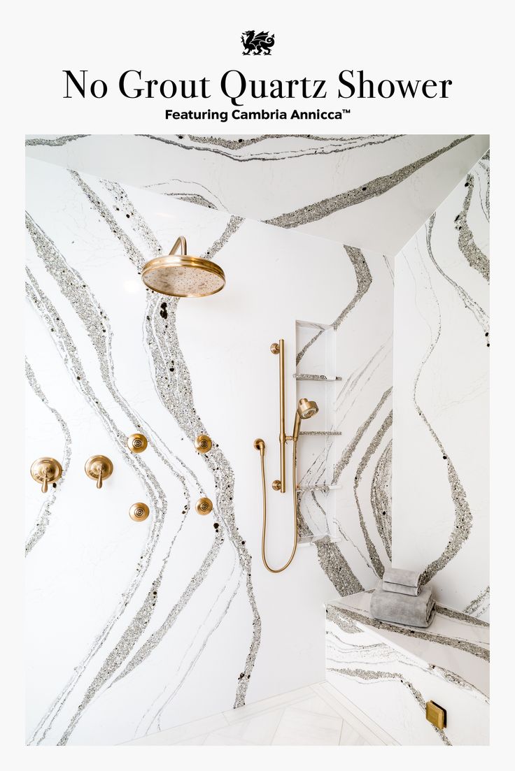 the cover of no grout quatz shower featuring gold fixtures and marble walls