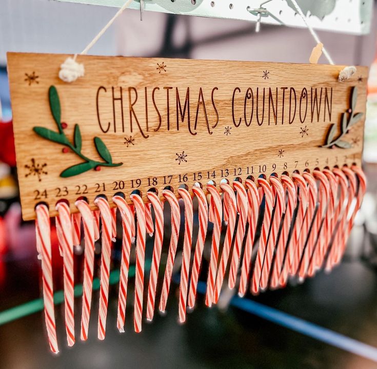 Christmas Countdown Candy Canes Candy Cane Christmas Countdown Sign, Candy Cane Advent Calendar Diy, Candy Cane Advent Calendar, Christmas Count Down, Wooden Candy Canes, Christmas Countdown Ideas, Shutters Decor, Woodworking Christmas Gifts, Xtool Projects