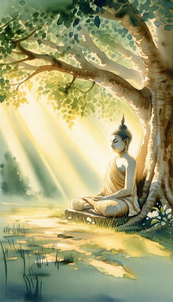 a painting of a buddha sitting under a tree in the middle of a lake with sunlight streaming through it