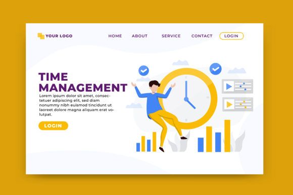 the landing page for time management is shown with a man climbing up to a clock