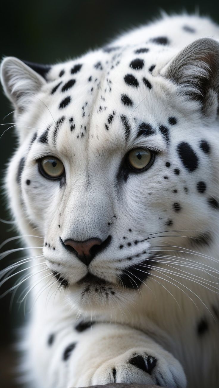 a white snow leopard with black spots on it's face and chest, looking at the camera