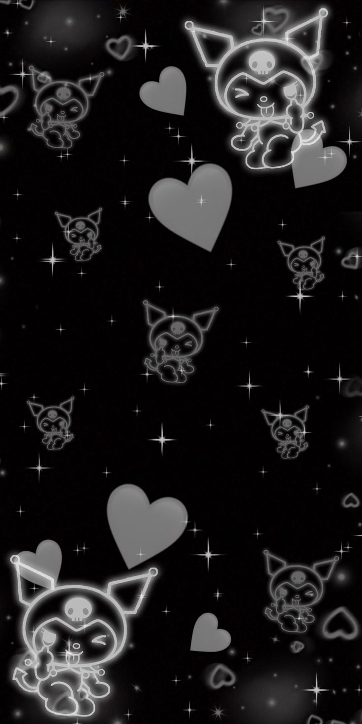 a black background with white cats and hearts