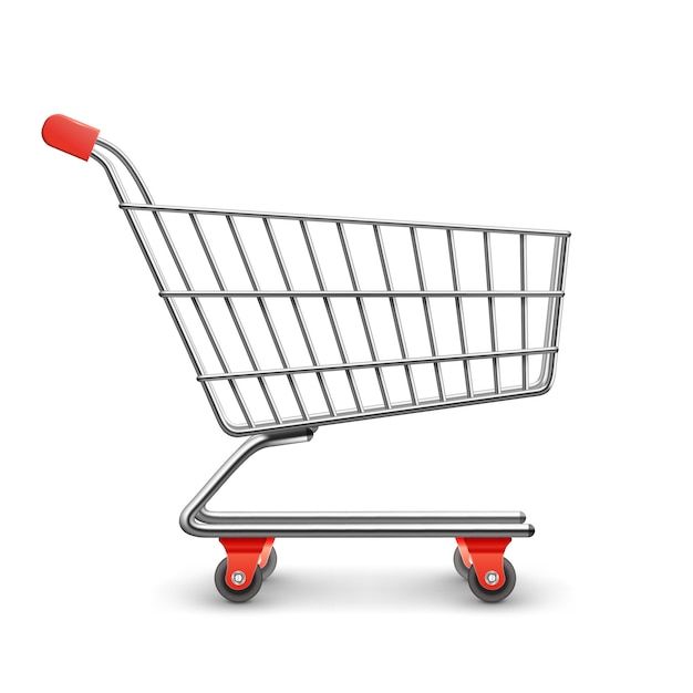 a silver shopping cart with red wheels on a white background