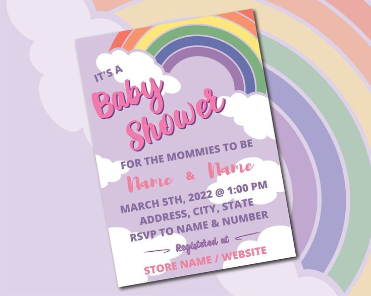 a baby shower is shown with rainbows in the sky and clouds on it's back