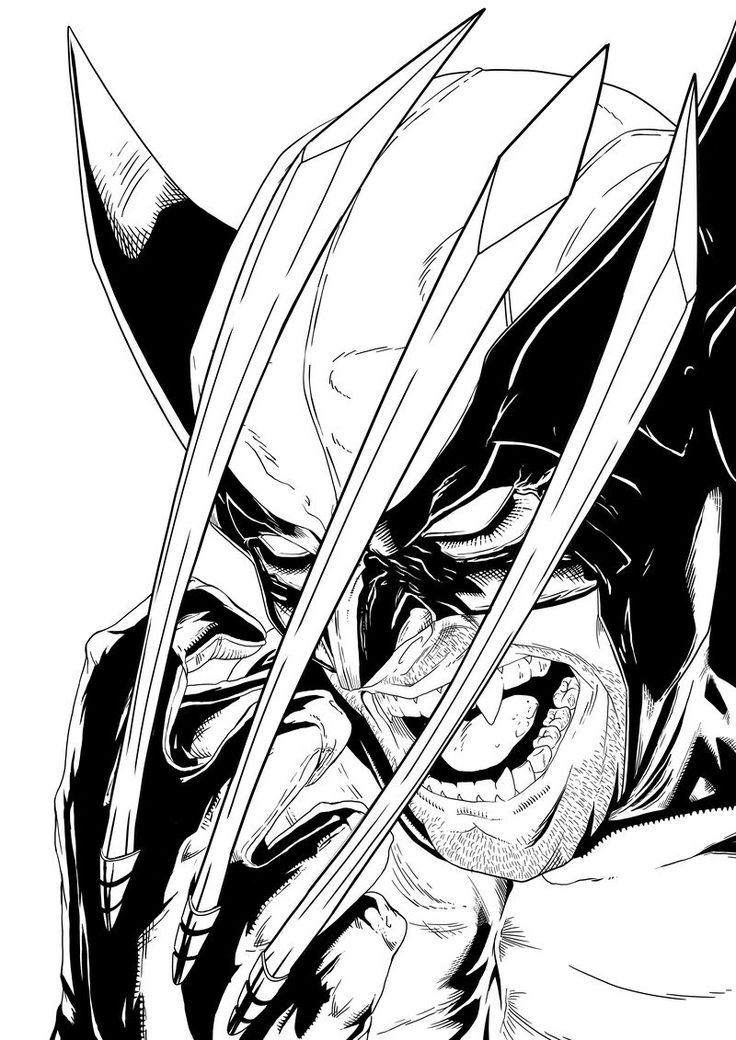 an ink drawing of wolverine in black and white, with the claws extended to his face