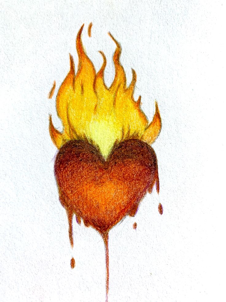 a drawing of a heart with flames coming out of it