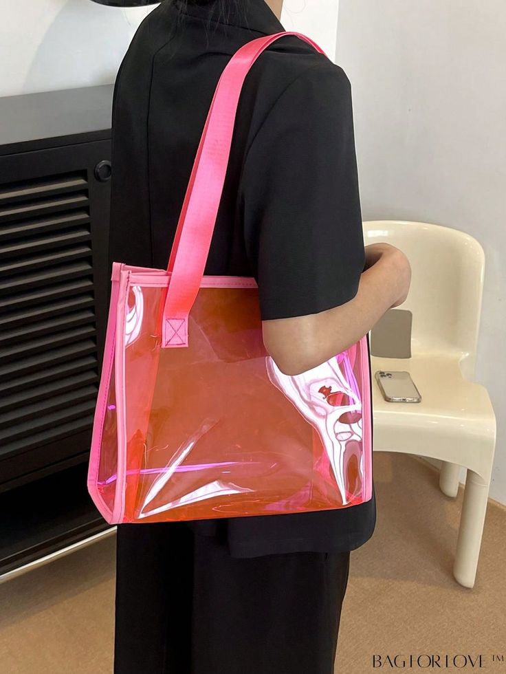 BagForLove - Neon-Pink Shoulder Tote Bag with Clear Contrast Binding - Trendy and Functional Pink Large Capacity Rectangular Shoulder Bag, Casual Pink Shoulder Bag For Daily Use, Pink Satchel Shoulder Bag For Summer, Pink Handheld Shoulder Bag With Large Capacity, Trendy Pink Shoulder Bag, Pink Shoulder Bag For Summer, Casual Pink Handheld Shoulder Bag, Pink Large Capacity Handheld Shoulder Bag, Trendy Pink School Bag