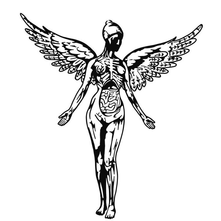 a black and white drawing of a woman with wings on her back, in the shape of an angel