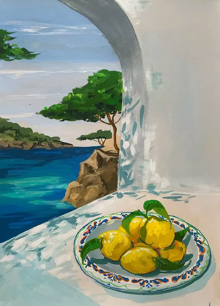 a painting of lemons on a plate in front of a window overlooking the ocean