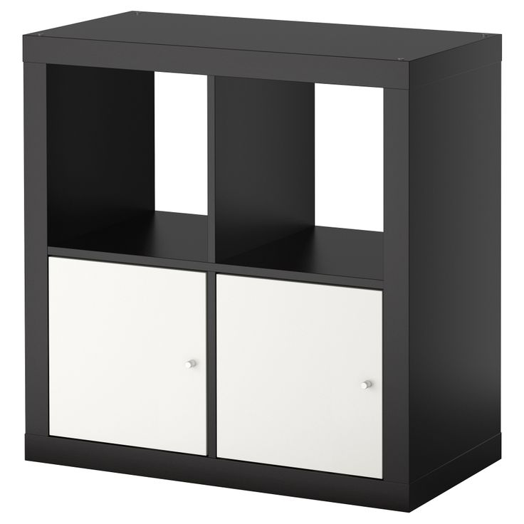 a black bookcase with four cubes on the front and one in the middle